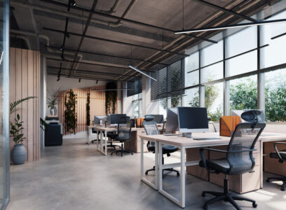 Office with exposed concrete Floor and a lot of plants